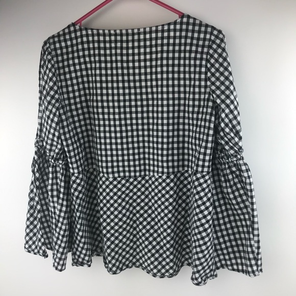 Ann Taylor Loft Black White Gingham Blouse Bell Sl - Picture 6 of 8
